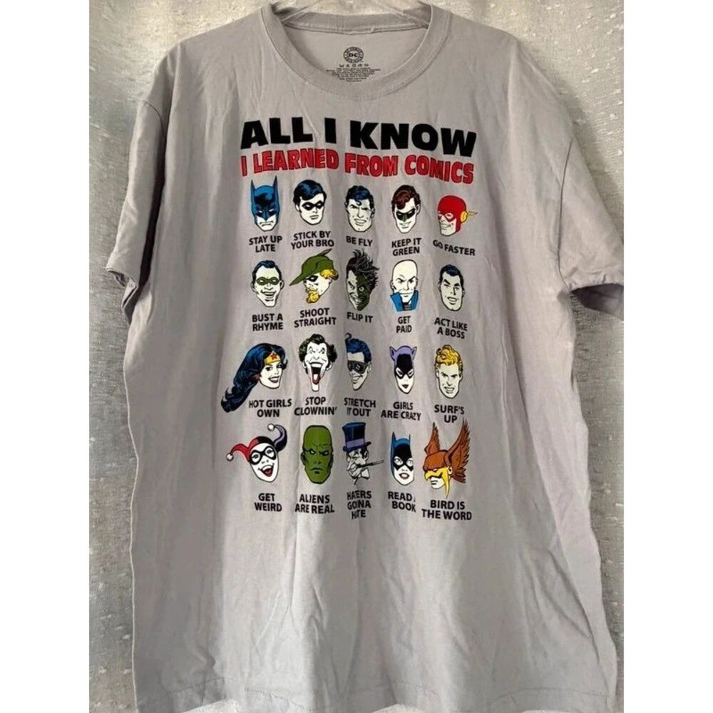 DC Comics All I Know I Learned From Comics Shirt Mens XL Gray Batman Joker Tee
